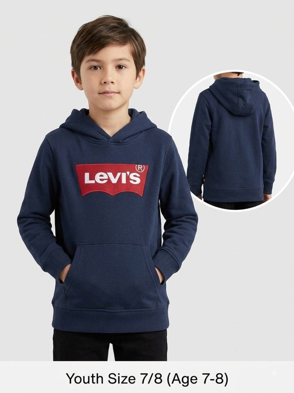 Levi's Navy Blue Pullover Hoodie with Red Logo - Kids Size 7/8 HJ 27